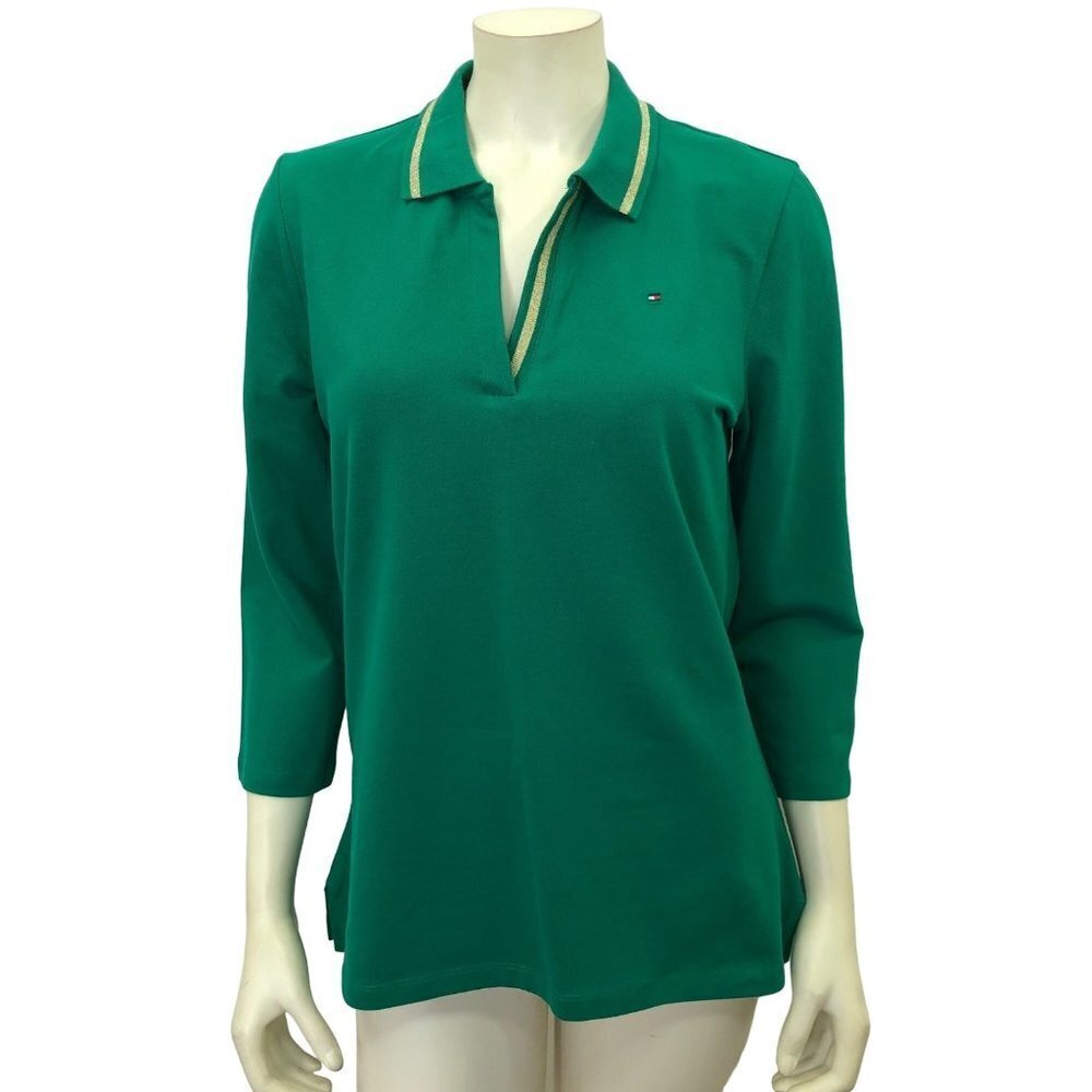TOMMY HILFIGER WOMENS STRIPED JOHNNY COLLAR 3/4 SLEEVE POLO SHIRT MD NWT